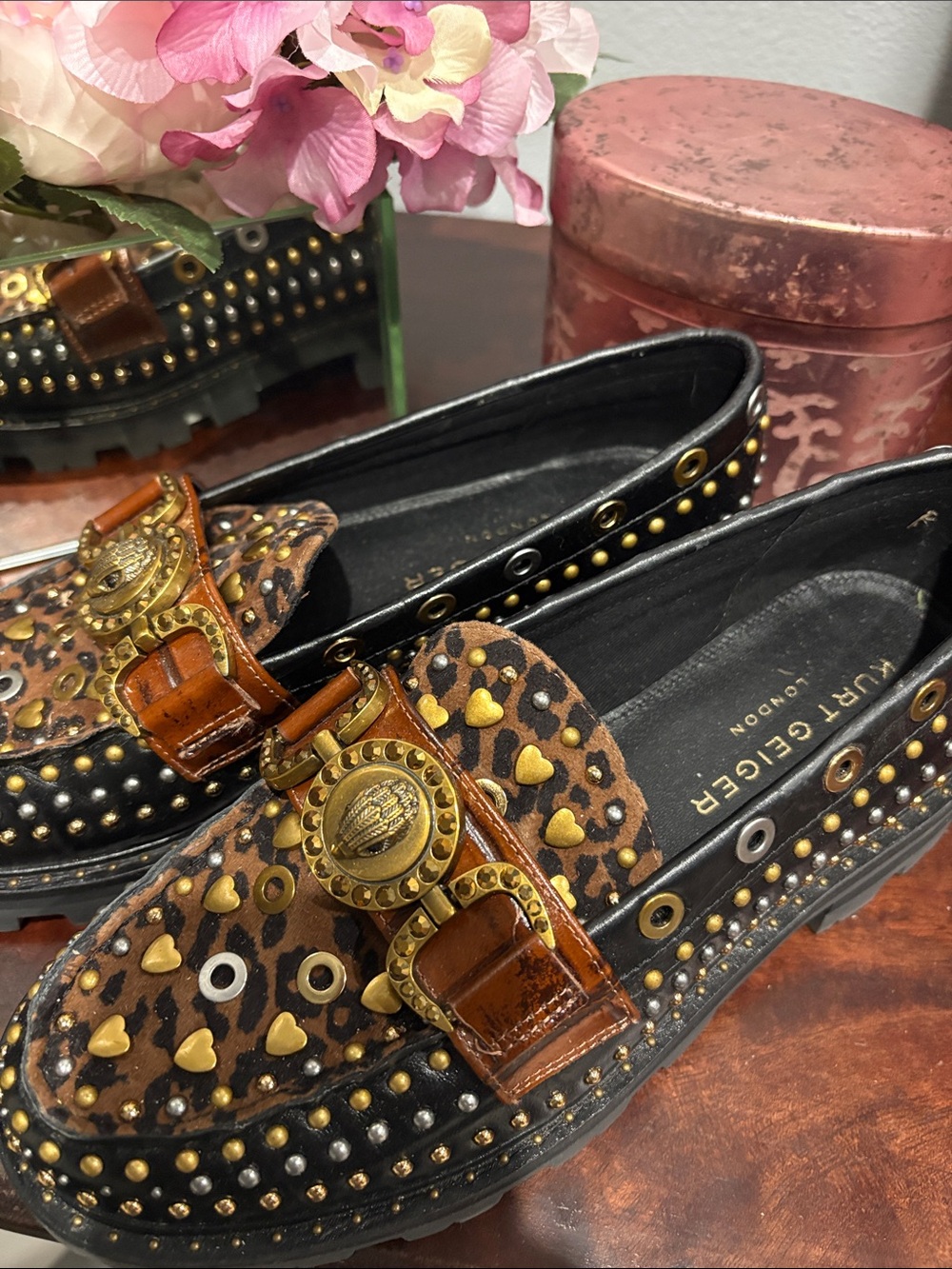 Kurt Geiger Leopard-Print Studded Loafers in Black & Brown